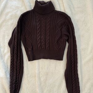 Cable Knit Turtleneck Sweater - Brown